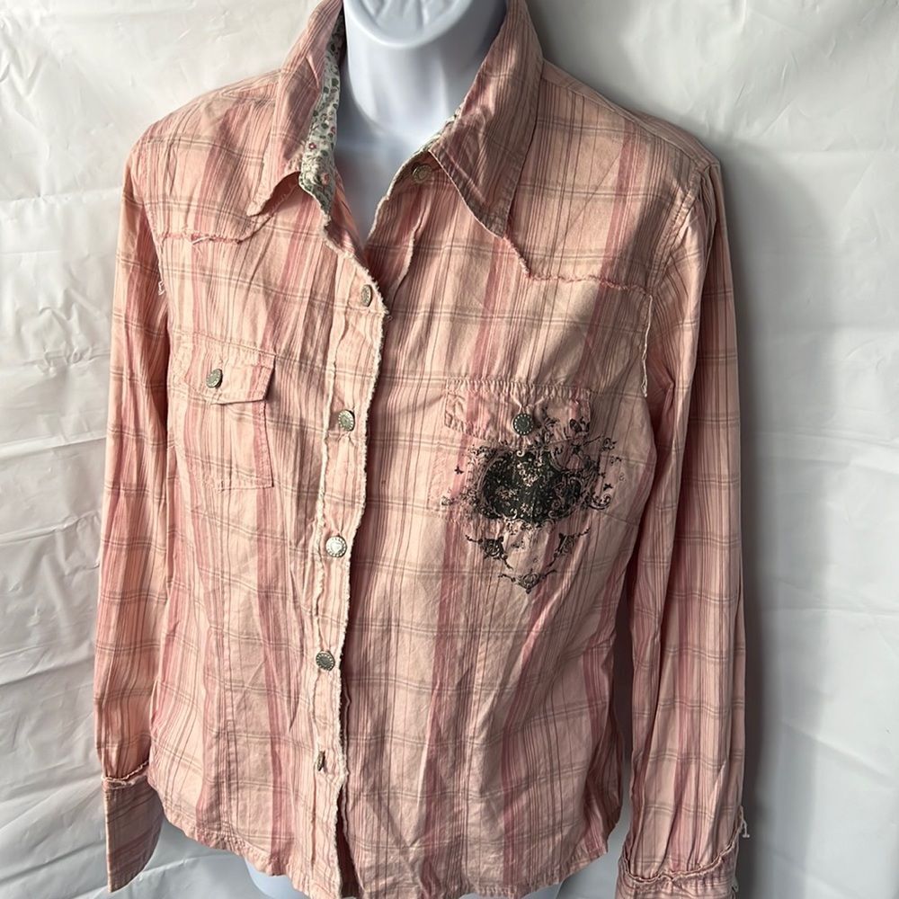 Flowers ladies pink western button down shirt size Large
